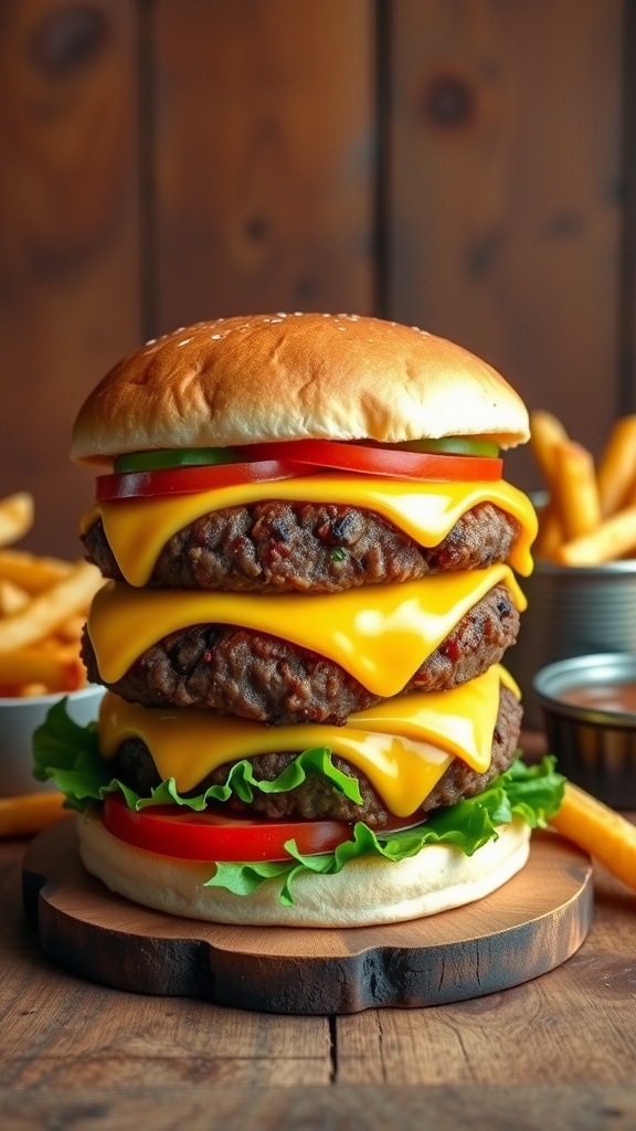 A delicious double cheeseburger with two beef patties, cheddar cheese, lettuce, and tomato, served with fries.